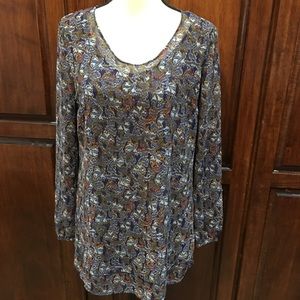 CAbi tunic in navy, light blue, brown, and orange